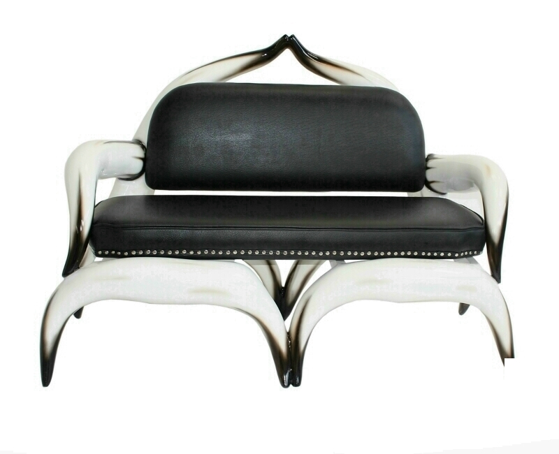 Bull Horn Sofa & Black Leather Studded Upholstery Custom Made 